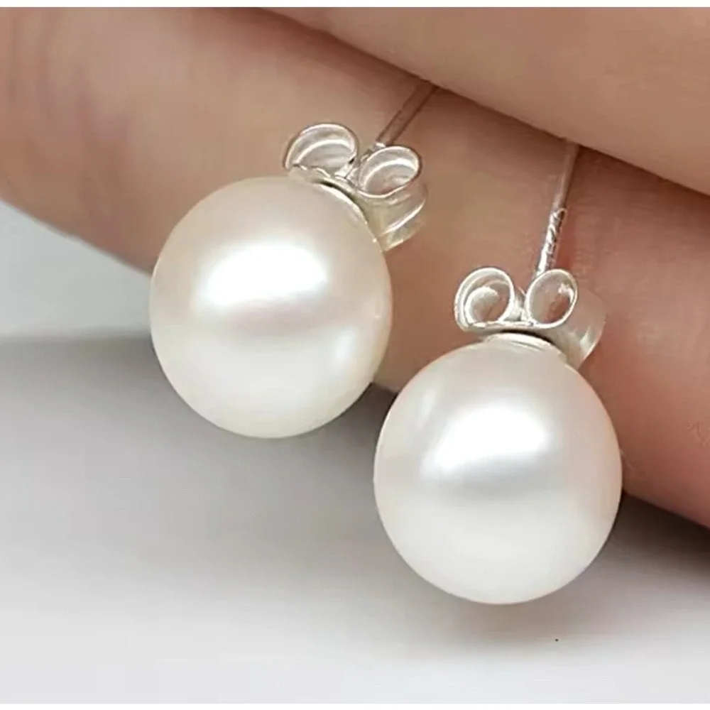 925 Silver Pearl 8mm Stud Earrings Real Sterling Dainty Minimalist‎ Jewelry